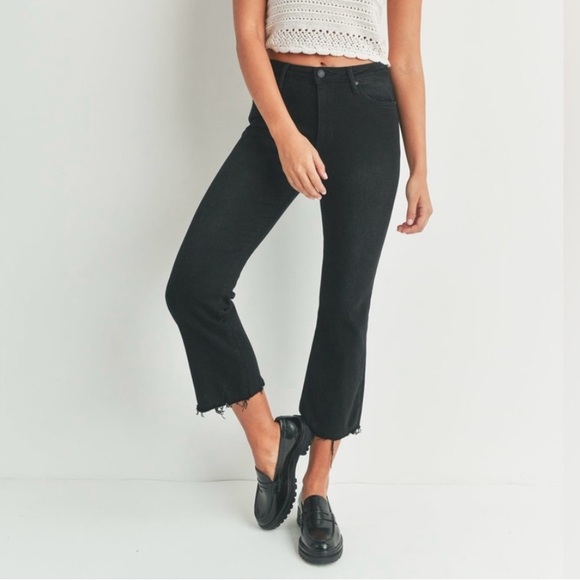 Just Black Denim - 🟠NWT JUST BLACK (JBD) High Rise Cropped Flare Jeans w/Distressed Hem in Black